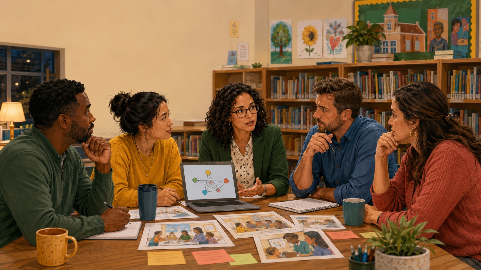School leaders and families gather around a shared table to shape an AI plan together.